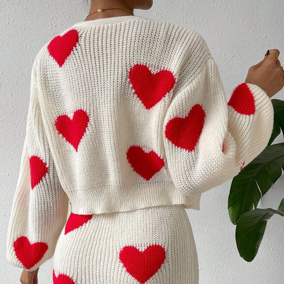 White Casual Womens Heart Pattern Drop Shoulder Duster Cardigan & Knit Skirt - Picture 3 of 5